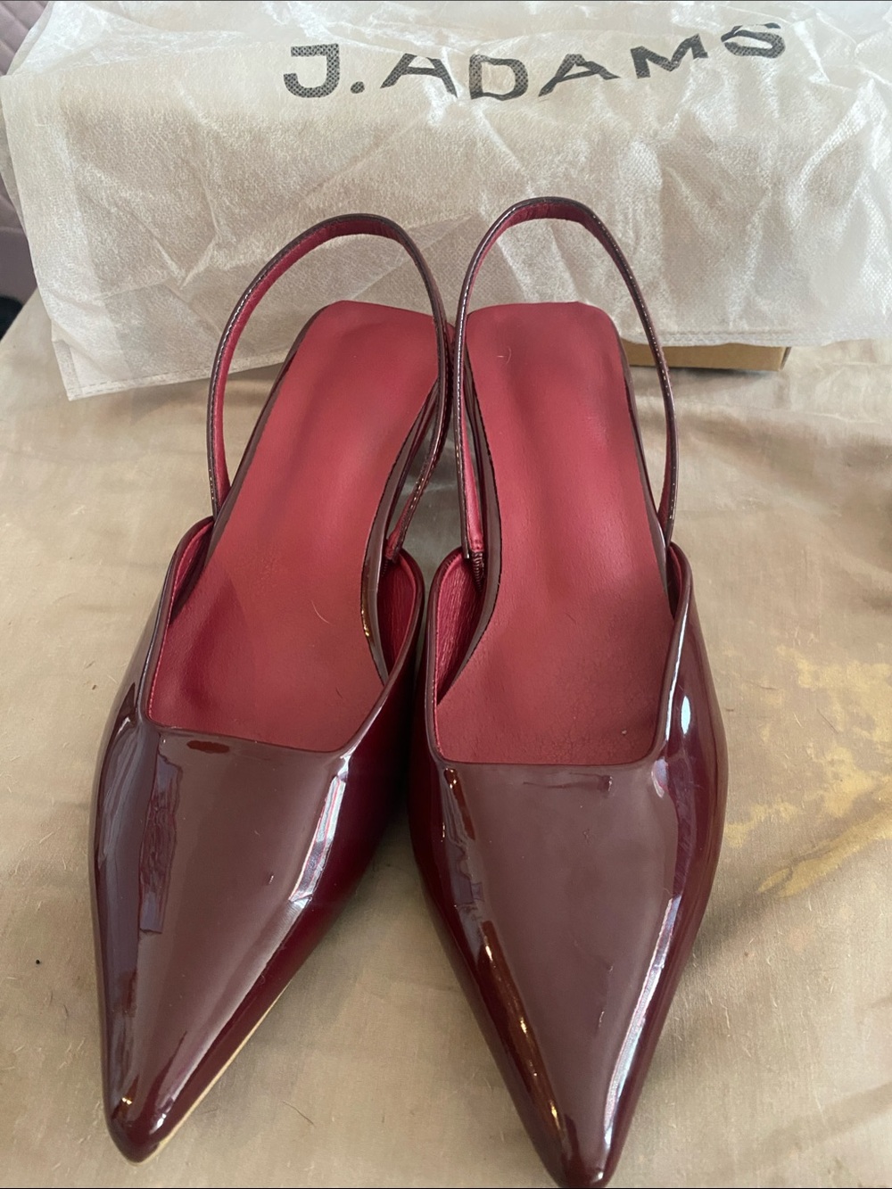Adams Burgundy Patent Slingback Pointed Toe Mules